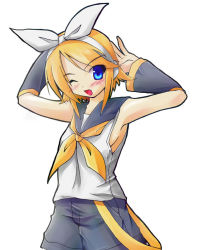 Rule 34 | 1girl, ;d, arm warmers, arms up, belt, black shorts, blonde hair, blouse, blue eyes, bow, breasts, cowboy shot, fang, hair bow, headphones, kagamine rin, looking at viewer, one eye closed, open mouth, ribbon, sailor collar, shirt, short hair, shorts, sideboob, simple background, sleeveless, small breasts, smile, solo, swept bangs, vocaloid, white background, white bow, white shirt, yellow ribbon