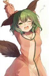 Rule 34 | 1girl, animal ears, ar (maeus), arm up, commentary request, dog ears, dog tail, dress, green eyes, green hair, highres, kasodani kyouko, long sleeves, looking at viewer, one eye closed, pink dress, short hair, simple background, solo, stretching, tail, teeth, touhou, upper teeth only, white background