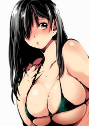 Rule 34 | 1girl, bad id, bad pixiv id, black hair, blush, breasts, brown eyes, cleavage, green eyes, hair over one eye, large breasts, original, parted lips, simple background, skindentation, solo, uekan, white background