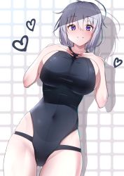 Rule 34 | 1girl, ahoge, black one-piece swimsuit, breasts, closed mouth, commentary request, covered navel, hair between eyes, hands on own chest, heart, highres, huge breasts, kawaruhi, one-piece swimsuit, original, purple eyes, shadow, short hair, sideboob, silver hair, smile, solo, swimsuit, taut clothes, taut swimsuit
