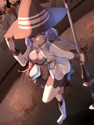 Rule 34 | 1girl, alternate breast size, black hat, black socks, blue eyes, blue hair, boots, braid, breasts, brown dress, closed mouth, commentary request, crossed bangs, dress, from above, hair between eyes, hand on headwear, hat, highres, holding, holding staff, jacket, knee boots, large breasts, long braid, long hair, long sleeves, mage staff, momdy (talesshinja), mushoku tensei, outdoors, roxy migurdia, short dress, socks, solo, staff, standing, standing on one leg, sweatdrop, tsurime, twin braids, white footwear, white jacket, witch hat