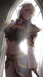 Rule 34 | 1girl, armor, blonde hair, blue eyes, frown, gold trim, jaina proudmoore, laofuzi dai bansho, long sleeves, midriff, multicolored hair, navel, shoulder armor, silver hair, solo, two-tone hair, warcraft, world of warcraft