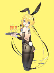 Rule 34 | 1girl, :3, absurdres, aiee, alcohol, animal ears, ass, ass grab, black leotard, blonde hair, blue eyes, bottle, breasts, champagne flute, cocktail glass, cross hair ornament, cross ornament, cup, detached collar, detached sleeves, drinking glass, fake animal ears, fake tail, from behind, grabbing own ass, hair between eyes, hair ornament, hair ribbon, heart, heart-shaped pupils, highleg, highleg leotard, highres, holding, holding tray, leotard, looking at viewer, looking back, medium breasts, original, pantyhose, playboy bunny, rabbit ears, rabbit tail, ribbon, short hair, simple background, skindentation, strapless, strapless leotard, symbol-shaped pupils, tail, tray, twintails, wrist cuffs, yellow background