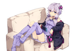 Rule 34 | 1girl, ass, bare shoulders, black jacket, blush, closed mouth, couch, criss-cross halter, dress, full body, hair ornament, halter dress, halterneck, highres, holding, jacket, knees up, long sleeves, looking at viewer, loose thighhigh, lying, nintendo switch, normaland, off shoulder, on back, on couch, open clothes, open jacket, purple dress, purple eyes, purple thighhighs, short dress, short hair with long locks, sidelocks, simple background, solo, striped clothes, striped thighhighs, thighhighs, vertical-striped clothes, vertical-striped thighhighs, vocaloid, voiceroid, white background, yuzuki yukari