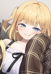 Rule 34 | 1girl, absurdres, blonde hair, blue eyes, cheek press, collarbone, hair ornament, highres, hololive, hololive english, nyancul, official alternate costume, smile, solo, virtual youtuber, watson amelia, watson amelia (street casual)