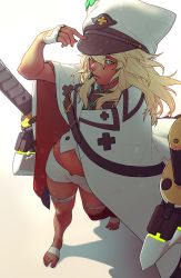 Rule 34 | 1girl, barefoot, belt buckle, blonde hair, buckle, cape, clover, dark-skinned female, dark skin, fingerless gloves, four-leaf clover, from above, gloves, guilty gear, guilty gear strive, hat, highres, legs, medium hair, midriff, military hat, ramlethal valentine, shorts, thigh strap, weapon, whispwill, white cape, white shorts, yellow eyes