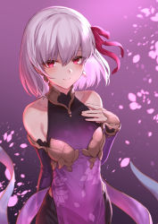 Rule 34 | 1girl, arm behind back, armlet, bare shoulders, black pants, blush, bob cut, breasts, china dress, chinese clothes, choker, commentary request, covered navel, cowboy shot, detached sleeves, dress, earrings, fate/grand order, fate (series), floating hair, hair ribbon, hand up, highres, jewelry, kama (fate), kama (first ascension) (fate), looking at viewer, mashuu (neko no oyashiro), medium breasts, pants, pelvic curtain, petals, purple dress, purple hair, red eyes, red ribbon, ribbon, short hair, sidelocks, smile, solo, vietnamese dress