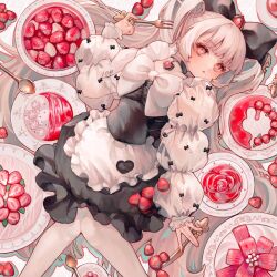 Rule 34 | 1girl, apron, blunt bangs, expressionless, food, fruit, holding, holding spoon, looking at viewer, lying, maid apron, original, plate, red eyes, shiiro illust, solo, spoon, strawberry, white hair
