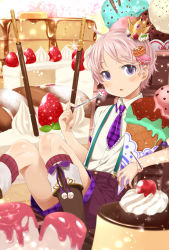 Rule 34 | 1boy, agemono, bad id, bad pixiv id, blush, boots, cake, candy, cherry, crown, food, fork, fruit, hair ornament, ice cream, ice cream cone, looking at viewer, macaron, male focus, marshmallow, necktie, original, pancake, pancake stack, pink hair, pocky, purple eyes, short hair, shorts, smile, solo, sparkle, strawberry, suspenders