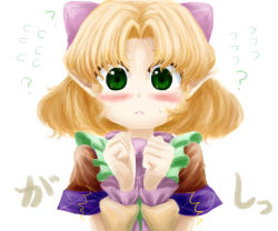 Rule 34 | 1girl, ?, arm warmers, blonde hair, blouse, blush, bow, clenched hands, flying sweatdrops, frown, green eyes, hair bow, hands up, looking at viewer, mizuhashi parsee, pointy ears, shirt, short hair, short sleeves, simple background, solo, sweatdrop, touhou, upper body, white background, yuki-ichigo, zun (style)