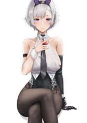 Rule 34 | 1girl, absurdres, alcohol, animal ears, arm strap, arm support, azur lane, bare shoulders, black gloves, black hairband, black leotard, black neckwear, black pantyhose, blush, bow, bowtie, bra strap, breasts, chinese commentary, closed mouth, collarbone, collared shirt, commentary, cowboy shot, crop top, crossed legs, cup, drinking glass, elbow gloves, eyebrows hidden by hair, fake animal ears, gloves, grey hair, hair between eyes, hairband, highres, holding, holding cup, large breasts, leotard, leotard under clothes, looking at viewer, metal gloves, necktie, official alternate costume, pantyhose, parted hair, playboy bunny, purple eyes, qing-yu, rabbit ears, reno (azur lane), reno (reno bunnino) (azur lane), see-through, see-through shirt, shadow, shirt, short hair, side-tie leotard, sideboob, sidelocks, simple background, single elbow glove, sitting, sleeveless, sleeveless shirt, smile, solo, thigh strap, white background, white bow, white bowtie, white shirt, wine, wine glass, wrist cuffs