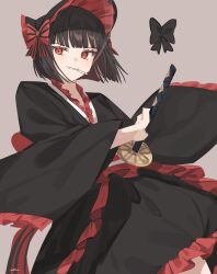Rule 34 | 1girl, black hair, black kimono, bonnet, bow, cigarette, frilled kimono, frilled sleeves, frills, grey background, grin, hair bow, highres, japanese clothes, kimono, limbus company, lolita fashion, long sleeves, looking at viewer, love mintchoco, project moon, red bow, red eyes, ryoshu (project moon), short hair, simple background, smile, solo, striped, striped bow, wa lolita, wide sleeves