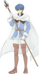 Rule 34 | 1boy, blue eyes, blue hair, blue jacket, boots, brown footwear, cape, chikefu, finn (fire emblem), fire emblem, fire emblem: genealogy of the holy war, full body, gloves, hand up, highres, holding, holding polearm, holding weapon, jacket, long sleeves, male focus, nintendo, pants, polearm, short hair, simple background, solo, spear, standing, thigh boots, weapon, white background, white cape, white gloves, white pants