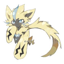 Rule 34 | blue eyes, blush stickers, claws, creatures (company), cropped torso, game freak, gen 7 pokemon, hand on own face, highres, legendary pokemon, mythical pokemon, nintendo, ovoip, pokemon, pokemon (creature), simple background, smile, spiked hair, twitter username, white background, yellow fur, zeraora