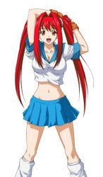 Rule 34 | 1girl, breasts, gloves, ikkitousen, kanpei, looking at viewer, navel, open mouth, orange eyes, red hair, school uniform, simple background, skirt, socks, solo, standing, teeth, thighs, tongue, twintails, white background