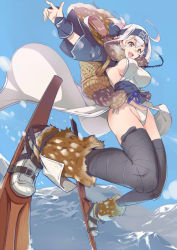 Rule 34 | 1girl, ainu, ainu clothes, arms up, backpack, bag, bandana, blue eyes, boots, breasts, breath, cape, chain, cloud, commentary request, cropped jacket, day, dress, fingerless gloves, folded ponytail, fur, fur collar, gloves, hair between eyes, happy, headband, jinkai yamizawa, jumping, kamoi (kancolle), kantai collection, large breasts, long hair, mountain, no bra, open mouth, outdoors, panties, pantyshot, pelvic curtain, side-tie panties, sideboob, sidelocks, skiing, skirt, skis, sky, sleeveless, sleeveless dress, smile, snow, solo, string panties, thick eyebrows, thigh boots, thighhighs, underwear, white dress, white hair, white panties, wrist guards