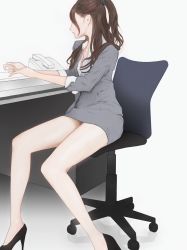 Rule 34 | 1girl, absurdres, brown hair, chair, desk, hair over one eye, high heels, highres, long hair, office chair, office lady, parted lips, phone, ponytail, pumps, shoes, sitting, swivel chair