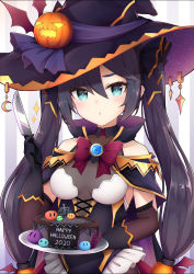 Rule 34 | 1girl, 2020, absurdres, alternate costume, aqua eyes, bare shoulders, bodysuit, bodysuit under clothes, bow, bowtie, breasts, cake, corset, food, frilled skirt, frills, genshin impact, gloves, hair ribbon, halloween, halloween costume, happy halloween, hat, highres, holding, holding knife, knife, linez, mona (genshin impact), pumpkin, purple hair, ribbon, skirt, sleeveless, slime, small breasts, solo, twintails, witch hat