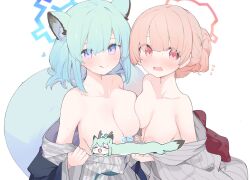Rule 34 | 2024, 2girls, :q, animal ears, asymmetrical docking, bare shoulders, blue archive, blue halo, blush, breast press, breasts, censored, censored nipples, collarbone, commentary request, green hair, grey kimono, halo, highres, japanese clothes, kimono, large breasts, looking at viewer, medium breasts, mikozin, multiple girls, new year, nodoka (blue archive), nodoka (hot spring) (blue archive), official alternate costume, purple eyes, red eyes, red hair, red halo, shigure (blue archive), shigure (hot spring) (blue archive), short hair, simple background, tail, tongue, tongue out, white background