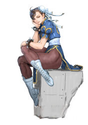 Rule 34 | 1girl, boots, bracelet, capcom, china dress, chinese clothes, chun-li, cross-laced footwear, crossed legs, dress, hair ribbon, highres, jewelry, lace-up boots, looking at viewer, muscular, muscular female, pantyhose, ribbon, sitting, solo, spiked bracelet, spikes, street fighter, street fighter ii (series), thighs, white footwear, yasuda akira