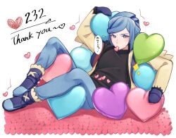 Rule 34 | 1boy, blue eyes, blue hair, blush, boots, commentary request, creatures (company), eyelashes, full body, game freak, grusha (pokemon), heart, highres, jacket, leaning, long sleeves, male focus, mittens, mocacoffee 1001, mouth hold, nintendo, open clothes, open jacket, pants, pokemon, pokemon sv, shirt, signature, solo, thank you, thought bubble, translation request, yellow jacket
