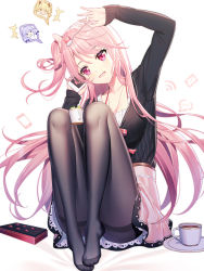 Rule 34 | 3girls, arm up, black legwear, black shirt, blonde hair, blouse, breasts, collarbone, commentary request, cup, emily stock, full body, hair between eyes, hair ribbon, head tilt, highres, holding, holding phone, holding spoon, long hair, looking at viewer, medium breasts, multiple girls, one side up, open mouth, original, pantyhose, phone, pink eyes, pink hair, pink skirt, purple hair, ribbon, ririko (zhuoyandesailaer), saucer, shirt, sitting, skirt, spoon, swept bangs, two-sided fabric, two-sided skirt, very long hair, white background