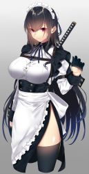 Rule 34 | 1girl, apron, black gloves, black hair, black thighhighs, breasts, gloves, grey background, hair between eyes, highres, large breasts, long hair, looking at viewer, maid, maid apron, maid headdress, mole, mole under eye, onineko-chan, original, purple eyes, sheath, sheathed, simple background, solo, sword, thighhighs, weapon