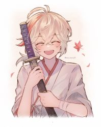 Rule 34 | 1boy, :d, ^ ^, aged down, antenna hair, artist name, bandaged arm, bandages, blush, closed eyes, cropped torso, crossed bangs, genshin impact, grey kimono, hair between eyes, hands up, happy, highres, holding, holding sword, holding weapon, japanese clothes, kaedehara kazuha, kimono, leaf, low ponytail, male focus, maple leaf, medium hair, multicolored hair, non koto27, open mouth, ponytail, red hair, sheath, sheathed, sidelocks, smile, solo, streaked hair, sword, teeth, twitter username, upper body, upper teeth only, weapon, white background, white hair