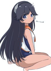 Rule 34 | 1girl, black hair, blue eyes, blue one-piece swimsuit, from behind, headgear, highres, i-400 (kancolle), kantai collection, long hair, looking at viewer, looking back, one-hour drawing challenge, one-piece swimsuit, orange sailor collar, pirikara spicy tapioca, sailor collar, school swimsuit, shirt, side-tie shirt, sitting, sleeveless, sleeveless shirt, solo, swimsuit, swimsuit under clothes, tan, wariza, white shirt