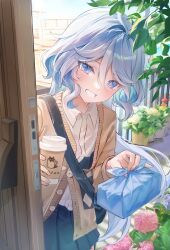 Rule 34 | 1girl, absurdres, alternate costume, bag, bento, blue eyes, blue hair, blue skirt, brown cardigan, cardigan, clenched teeth, collared shirt, contemporary, cowlick, cup, dasha, disposable cup, door, doorway, drop-shaped pupils, flower, furina (genshin impact), furoshiki, genshin impact, hair between eyes, hands up, heterochromia, highres, holding, holding cup, leaning forward, light blue hair, long hair, looking at viewer, open mouth, pink flower, plant, pleated skirt, potted plant, pov doorway, purple flower, shirt, shoulder bag, skirt, solo, symbol-shaped pupils, teeth, wavy hair, white shirt