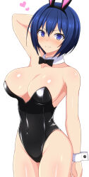 Rule 34 | &gt;:), 1girl, animal ears, arm at side, arm behind head, arm up, bare arms, bare shoulders, black bow, black bowtie, black hairband, black leotard, blue eyes, blue hair, blush, bob cut, bow, bowtie, breasts, cleavage, closed mouth, collarbone, commentary request, covered navel, cowboy shot, detached collar, dolphin wave, fake animal ears, groin, hair between eyes, hairband, heart, highleg, highleg leotard, large breasts, leotard, looking at viewer, nose blush, playboy bunny, rabbit ears, short hair, simple background, smile, solo, standing, strapless, strapless leotard, tojou michiru, v-shaped eyebrows, white background, wrist cuffs, zack (haiuinndo)
