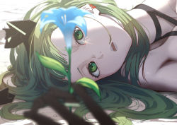 Rule 34 | bare shoulders, black rock shooter, black rock shooter: dawn fall, blue flower, blurry, c-eye, choker, collarbone, dead master, depth of field, earclip, ecode98, eyelashes, flower, green eyes, green hair, grey lips, hair ornament, highres, lily (flower), lips, long hair, looking at viewer, lying, on side, plant, portrait, solo, straight hair