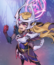 Rule 34 | 1girl, armor, blonde hair, blush, clenched hand, coven syndra, d:, dress, from side, gem, hands up, league of legends, long hair, magic, multicolored background, open mouth, phantom ix row, pink eyes, serious, shiny clothes, shoulder plates, solo, syndra, tearing up, teeth, tree