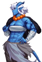 Rule 34 | 1girl, abs, absurdres, arm tattoo, bead necklace, beads, blue oni, blue skin, borrowed character, breasts, chest sarashi, cleavage, colored skin, dungeons &amp; dragons, hand on own hip, highres, horns, jewelry, large breasts, looking to the side, muscular, muscular female, necklace, oni, original, pointy ears, red eyes, sarashi, short hair, simple background, solo, sotcho, tattoo, white background, white hair, wrist wrap
