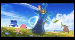 Rule 34 | 5health, absurdres, anniversary, blue sky, cloud, copyright name, field, flower, from behind, grass, highres, kirby, kirby&#039;s return to dream land, kirby (series), letterboxed, magolor, moon, mountainous horizon, nintendo, plant, planted, planted sword, planted weapon, rayman limbs, scenery, sitting, sky, sword, tree, vines, weapon, wind