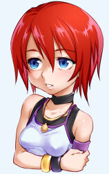 Rule 34 | 1girl, armband, bad id, bad twitter id, bare shoulders, black choker, blue eyes, bracelet, breasts, choker, cropped torso, funnyari, hair between eyes, jewelry, kairi (kingdom hearts), kingdom hearts, kingdom hearts i, necklace, parted lips, red hair, simple background, small breasts, solo, upper body, white background