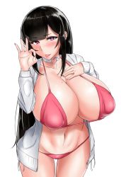 Rule 34 | 1girl, bikini, black hair, blush, breasts, choker, cleavage, collarbone, covered erect nipples, curvy, earrings, fellatio gesture, hand gesture, heart, heart-shaped pupils, highres, huge breasts, jewelry, long hair, looking at viewer, miyagase risa, mole, mole on breast, nail polish, nanae, naughty face, navel, open clothes, open shirt, original, pink bikini, pink eyes, puffy nipples, sexually suggestive, shirt, simple background, smile, solo, standing, string bikini, swimsuit, symbol-shaped pupils, tongue, tongue out, white background, wide hips