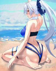 Rule 34 | 1girl, absurdres, ass, back, bare shoulders, barefoot, blue bow, blue one-piece swimsuit, bow, breasts, butt crack, fate/grand order, fate (series), feet, hair between eyes, hair bow, highleg, highleg swimsuit, highres, large breasts, legs, long hair, looking at viewer, looking back, one-piece swimsuit, ponytail, red eyes, sitting, soles, solo, swimsuit, thigh strap, toes, tomoe gozen (fate), tomoe gozen (swimsuit saber) (fate), tomoe gozen (swimsuit saber) (first ascension) (fate), two-tone swimsuit, user vdkm2347, wariza, white hair, white one-piece swimsuit