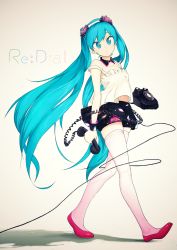 Rule 34 | 1girl, antique phone, aqua eyes, aqua hair, collar, copyright name, corded phone, cross-eyed, full body, go mos, hatsune miku, highres, long hair, looking at viewer, phone, redial (vocaloid), rotary phone, skirt, solo, thighhighs, twintails, very long hair, vocaloid, walking, wrist cuffs