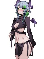 Rule 34 | 1girl, absurdres, black nails, blue hair, blush, breasts, bsapricot, apricot the lich, choker, cleavage, cleavage cutout, clothing cutout, crop top, ear piercing, embarrassed, green eyes, green hair, highres, horns, medium breasts, multicolored hair, nail polish, navel, pelvic curtain, piercing, pointy ears, short hair, short hair with long locks, silver hair, slit pupils, solo, streaked hair, sweat, symbol-only commentary, trembling, virtual youtuber, vshojo, white background, wings