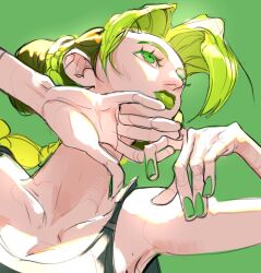 Rule 34 | 1girl, closed mouth, cutiicosmo, double bun, eyeliner, from below, green background, green eyeliner, green eyes, green hair, green lips, green nails, hair bun, highres, jojo no kimyou na bouken, kuujou jolyne, looking to the side, makeup, parted bangs, ponytail, shirt, simple background, sleeveless, sleeveless shirt, solo