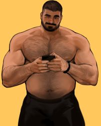 Rule 34 | 1boy, beard, big belly, black pants, chest hair, crew cut, dopey (dopq), facial hair, hairy, highres, holding, holding phone, looking at viewer, male focus, muscular, muscular male, navel, one eye closed, original, pants, phone, solo, topless male, watch, wristwatch, yellow background