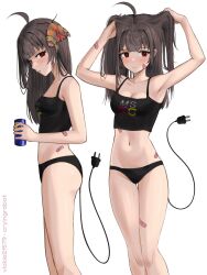 Rule 34 | 1girl, ahoge, bandaid, bandaid on arm, bandaid on face, black panties, black shirt, blunt bangs, blush, breasts, brown hair, bug, cable, cleavage, commentary, crop top, electric plug, english commentary, feet out of frame, groin, hand in own hair, highres, insect, long hair, looking at viewer, medium breasts, mole, mole on arm, mole on breast, mole under eye, mole under mouth, moth, multiple moles, multiple views, navel, original, panties, parted lips, red eyes, shirt, sideways glance, underwear, vickie (cryingrobot), vickie (cryingrobot) (character), white background