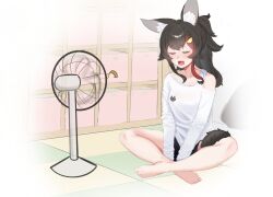 Rule 34 | 1girl, animal ear fluff, ayeon, barefoot, black hair, black shorts, black tail, blush, clothing cutout, collarbone, commentary, electric fan, full body, hololive, indian style, indoors, legs, long hair, long sleeves, official alternate costume, on ground, ookami mio, ookami mio (casual), open clothes, open mouth, red hair, shirt, short shorts, shorts, shoulder cutout, sitting, solo, tail, toes, virtual youtuber, white shirt, wolf girl, wolf tail
