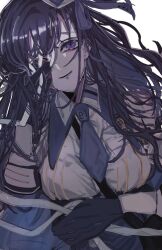 Rule 34 | 1girl, arm under breasts, bleeding, blood, closed eyes, clothes writing, goddess of victory: nikke, hair ribbon, hand on own face, hand up, highres, long hair, marian (nikke), migino, necktie, purple eyes, purple hair, purple headwear, ribbon, shirt, short necktie, sleeveless, sleeveless shirt, smile, solo