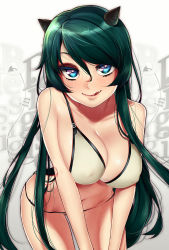 Rule 34 | 1girl, :&gt;, :q, bent over, bikini, blue eyes, blush, breasts, cleavage, collarbone, covered erect nipples, cowboy shot, fang, female focus, gradient background, green hair, hair between eyes, highres, horns, large breasts, long hair, looking at viewer, navel, original, rakkou, smile, solo, swept bangs, swimsuit, tongue, tongue out, very long hair, white bikini