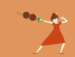 Rule 34 | 1girl, \m/, blunt bangs, brown eyes, brown hair, colored skin, dress, fencing, food, full body, hair bun, hair ornament, hair stick, holding, holding sword, holding weapon, impaled, leaning back, looking to the side, meatball, no lineart, nona drops, open mouth, orange background, original, pointing sword, rapier, red dress, red footwear, shoes, simple background, single hair bun, solo, sword, weapon, white skin