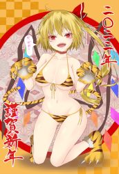 Rule 34 | 1girl, 2022, aged up, animal costume, animal hands, animal print, bikini, blonde hair, breasts, chinese zodiac, crystal, dai zu san, fang, flandre scarlet, gloves, highres, large breasts, one side up, paw gloves, print bikini, red eyes, red ribbon, ribbon, side ponytail, swimsuit, tail, tiger costume, tiger print, tiger tail, touhou, wings, year of the tiger