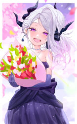Rule 34 | 1girl, black horns, blue archive, blush, bouquet, collarbone, dangle earrings, demon horns, dress, earrings, elbow gloves, flower, gloves, grey hair, highres, hina (blue archive), hina (dress) (blue archive), hirekatsu-kan, holding, holding bouquet, horns, jewelry, long hair, looking at viewer, multiple horns, necklace, official alternate costume, official alternate hairstyle, open mouth, pendant, purple dress, purple eyes, purple gloves, smile, solo, strapless, strapless dress