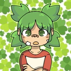 Rule 34 | 1girl, bandaid, bandaid on cheek, bandaid on face, bandaid on nose, clover, crossed arms, four-leaf clover, green background, green eyes, green hair, green theme, koiwai yotsuba, looking at viewer, nqncel, open mouth, quad tails, red sleeves, solo, unamused, v-shaped eyebrows, yotsubato!